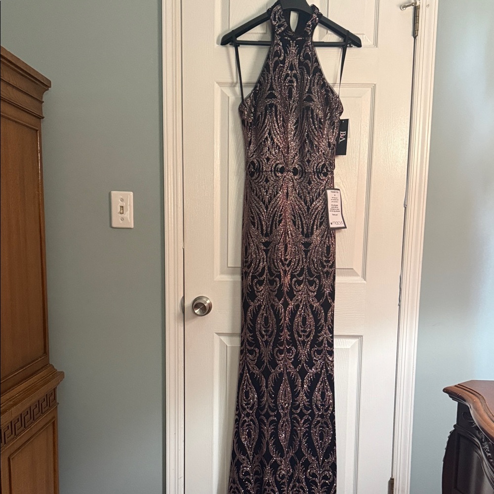 Elegant Black and Rose Gold Sequin Halter Maxi Dress